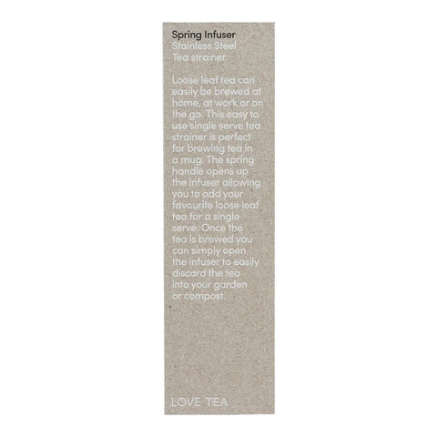 Love Tea Spring Handle Tea Infuser grey card box front with the words Spring Infuser and small print on a plain white background