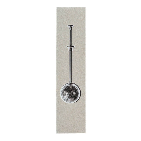 Love Tea Spring Handle Tea Infuser grey card box side with a picture of the steel ball infuser on a plain white background, clear product photo