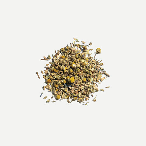 Love Tea Vata Loose Leaf Tea 75g, a small pile of dried herbs and flowers, overhead on a plain white background, clear product photo