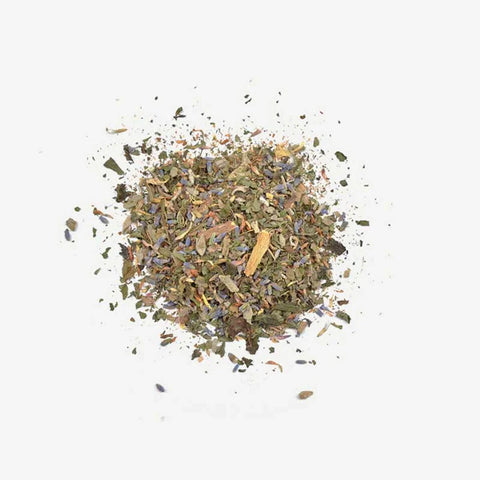 Love Tea Women's Wellness Loose Leaf Tea 50g, a small pile of dried herbs and petals, overhead on a plain white background, clear product photo