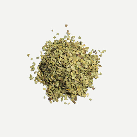 Love Tea Yerba Maté Loose Leaf Tea 60g, a small pile of dried green leaves, overhead on a plain white background, clear product photo