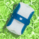 Blue and white silicone personal stroker in water against green background. 