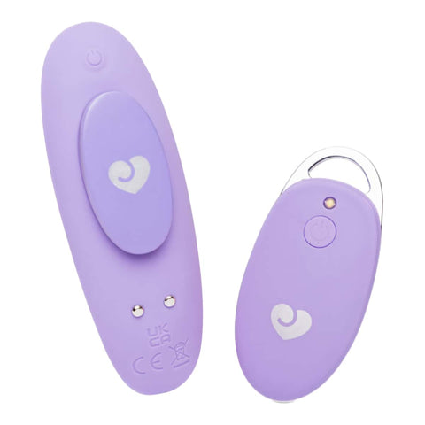 Purple silicone panty vibrator with remote on a white background. 