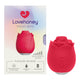 Red rose-shaped device with packaging labeled 'Lovehoney mon ami' on a white background.