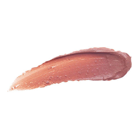 Luk Beautifood Lip Nourish Pink Juniper 3g swatch, a creamy smear of apricot peach lip colour, close up on a plain white background