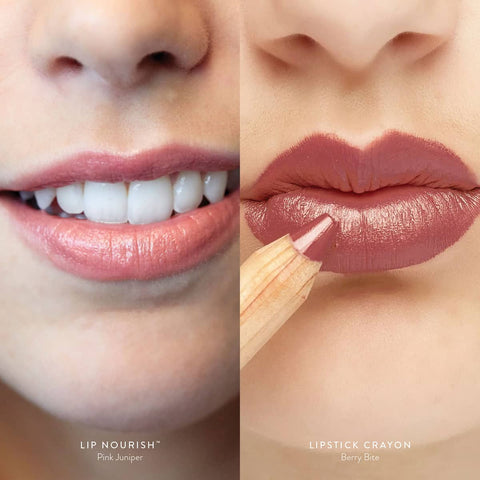 Close-up of lips with 'Lip Nourish' and 'Lipstick Crayon' labels.