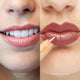 Close-up of lips with 'Lip Nourish' and 'Lipstick Crayon' labels.