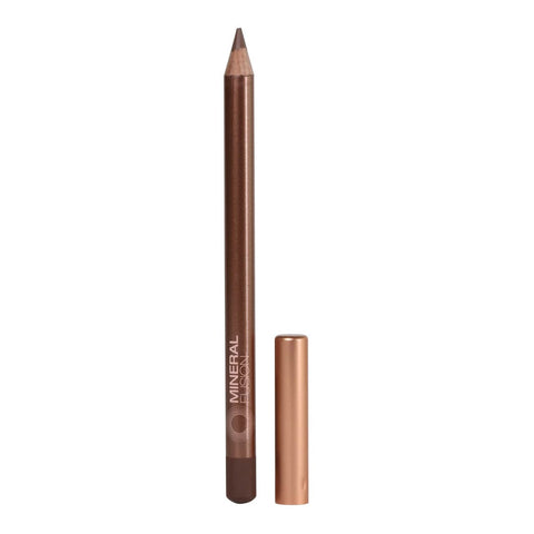Mineral Fusion Eye Pencil Rough freebie a slim brown pencil with a rose gold cap, lying at an angle on a plain white background