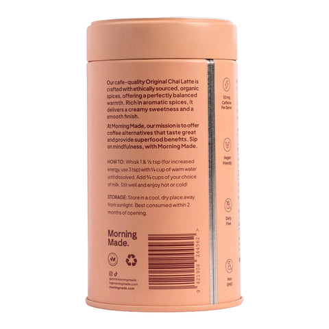 Morning Made Chai Latte Original Blend 300g peach tin turned to show the back with small print and a barcode on a plain white background