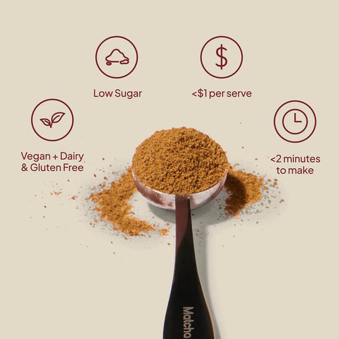 Morning Made Chai Latte infographic with a scoop of chai powder and icons for low sugar, vegan and two minutes to make, clear product photo