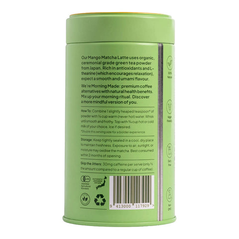 Morning Made Matcha Latte Mango Blend 300g green tin turned to show the back with small print and a barcode on a plain white background