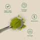 Morning Made Matcha Latte infographic with matcha on a scoop and icons for vegan, two minutes to make, under a dollar a serve and low sugar