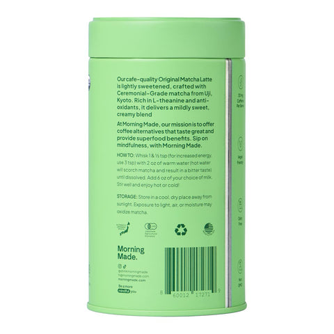 Morning Made Matcha Latte Sweetened Blend 300g lime green tin turned to show the back with small print and a barcode on a plain white background