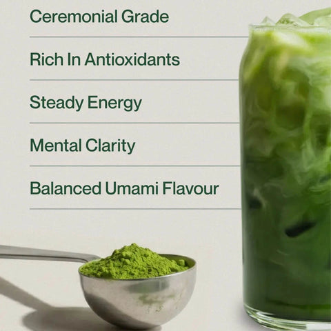 Morning Made Matcha Latte infographic listing Ceremonial Grade, Rich In Antioxidants and Steady Energy, with a glass of matcha