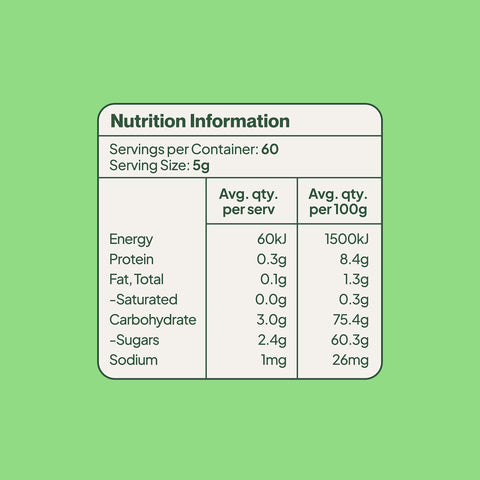 Morning Made Matcha Latte nutrition information panel on a green background, a table per serve and per 100g, clear product photo