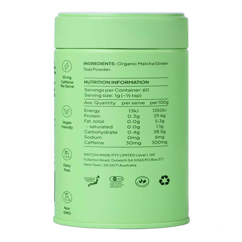 Morning Made Matcha Latte Unsweetened 60g lime green tin turned to show the back with a nutrition table on a plain white background