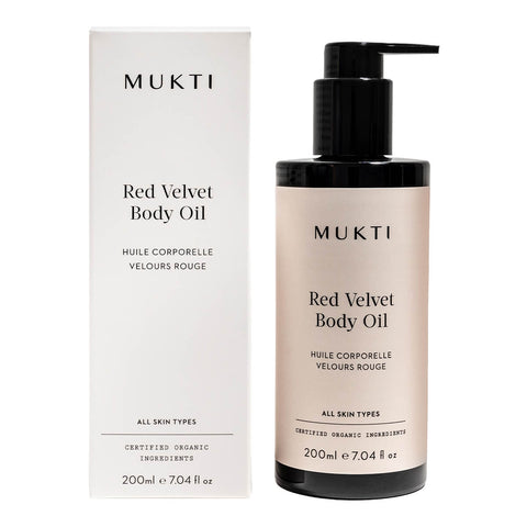 200ml pump bottle Mukti Red Velvet Body Oil next to its box, certified organic and suitable for all skin types.