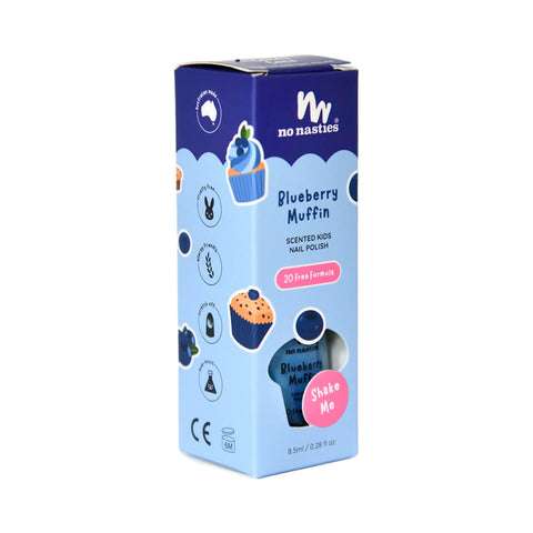 8.5ml No Nasties Kids Scented Nail Polish in Blueberry Muffin scent, pastel pink colour. Non-toxic nail polish for kids that scratches off easily.