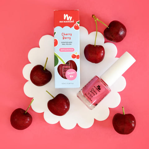 8.5ml No Nasties Kids Scented Nail Polish in Cherry Berry scent, pastel pink colour. Non-toxic nail polish for kids that scratches off easily.