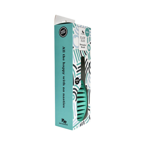 No Nasties Slick Kids Detangler Brush in Aqua colour in its box, with a curved, solid head that has flexibility to untangle knots.