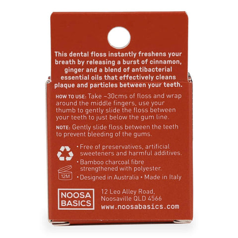 Back of Noosa Basics Dental Floss packaging. 
