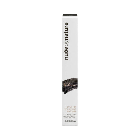 Nude By Nature Absolute Volumising Mascara 01 Black 8ml in a white box with black lettering, front of the box on a plain white background
