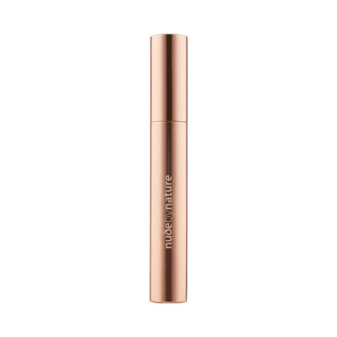 Nude By Nature Absolute Volumising Mascara 01 Black 8ml closed rose gold tube, standing upright on a plain white background, clear product photo