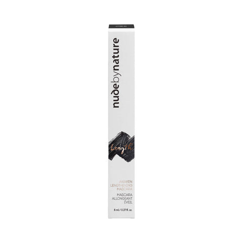 Nude By Nature Awaken Lengthening Mascara 01 Black 8ml in a white box with black lettering, front of the box on a plain white background