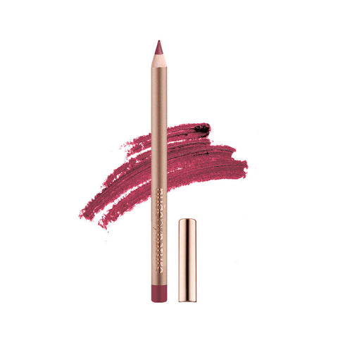 Nude By Nature Defining Lip Pencil Berry swatch, a slim pencil with its cap beside scribbles of berry pink on white, clear product photo