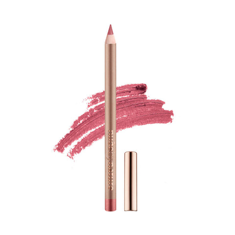 Nude By Nature Defining Lip Pencil Rose swatch, a slim pencil with its cap beside scribbles of rose pink on white, clear product photo
