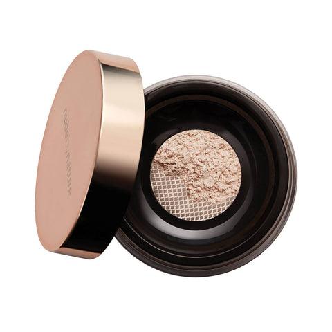 Nude By Nature Translucent Loose Finish Powder 01 Natural open black jar with a sifter and its rose gold lid tilted beside it on white