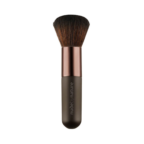 Nude By Nature Mineral Brush 11 with a round dark bristle head and a slim bronze handle, front view on a plain white background
