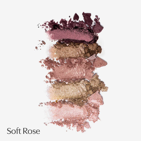 Stack of makeup swatches labeled 'Soft Rose' on a light background.