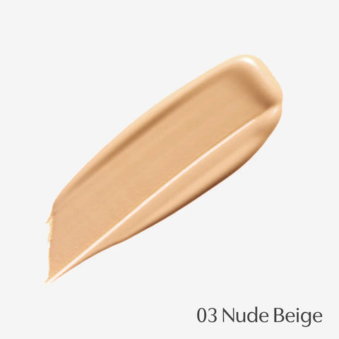 BB cream swatch labelled '03 Nude Beige' on a light beige background.