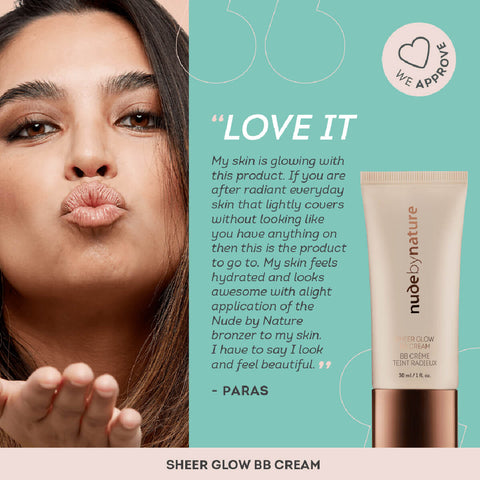 Woman next to a Nude by Nature BB Cream quote on a teal background.