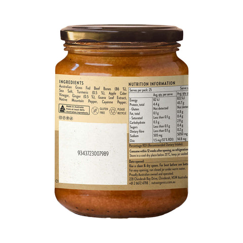 Left side 250g jar Nutra Organics Beef Bone Broth with Turmeric and Ginger made with Australian beef bones.