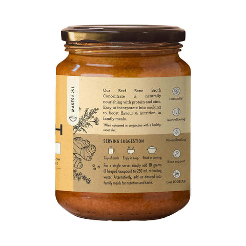 Right side 250g jar Nutra Organics Beef Bone Broth with Turmeric and Ginger made with Australian beef bones.
