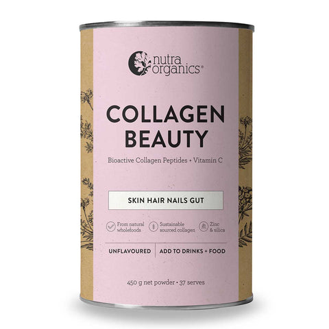 Nutra Organics Collagen Beauty 450g in a larger pale pink tin with a lilac label and white lettering, front view on a plain white background
