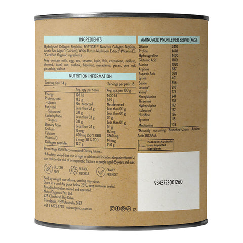 Side of 225g container Nutra Organics Collagen Joints + Bones, showing ingredients and nutrition information.