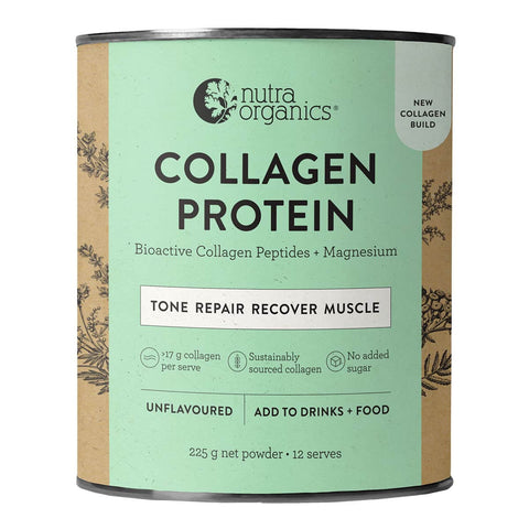 Front view of Nutra Organics Collagen Protein 225g product on a white background.