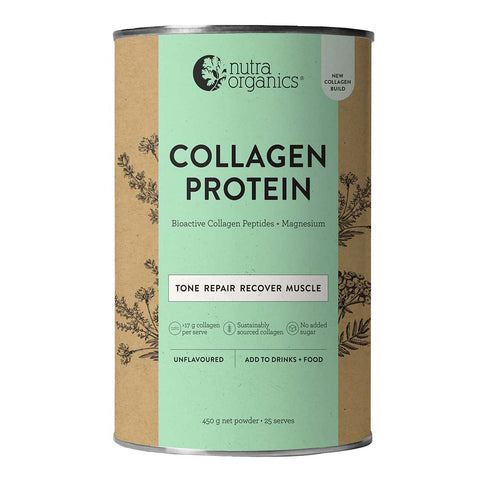 Nutra Organics Collagen Protein 450g in a larger pale green tin with a kraft coloured label, standing upright, front view on a plain white background