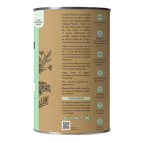 Side view of Nutra Organics Collagen Protein 450g product with text and branding on a white background.