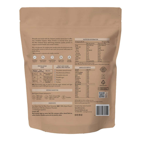 Back view of a Nutra Organics Organic Whey Protein - Chocolate 750g package with nutritional information & labels.