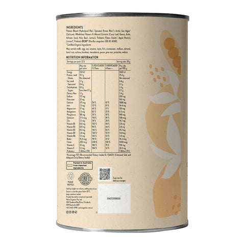 Side view of 450g container Nutra Organics Thriving Family Protein - Unflavoured, showing nutrition information.