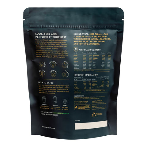 Black protein powder package with nutritional information and usage instructions on a white background