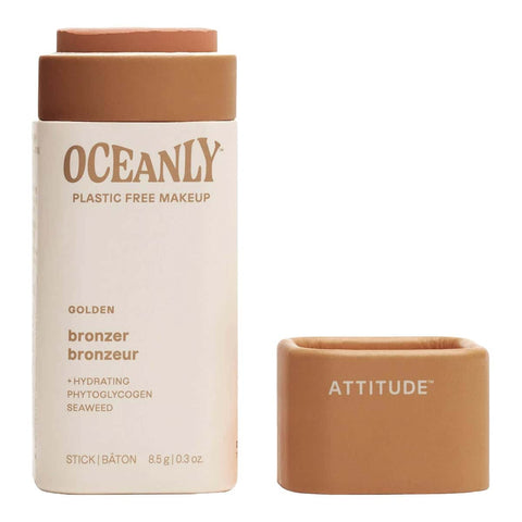 8.5g stick of Oceanly golden bronzer in cardboard packaging on a white background with the cap off. 