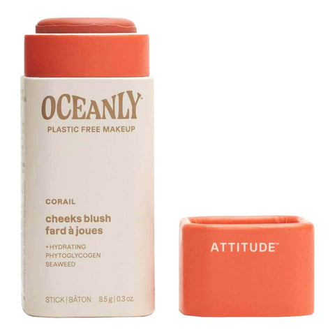 8.5g stick of Oceanly corail blush in cardboard packaging on a white background with the cap off. 