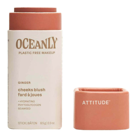 8.5g stick of Oceanly ginger blush in cardboard packaging on a white background with the cap off. 