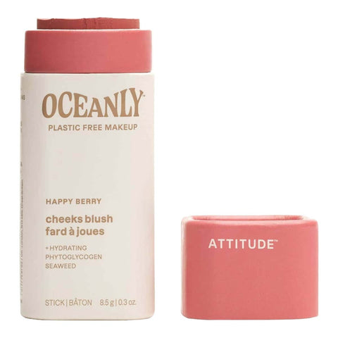 8.5g stick of Oceanly happy berry blush in cardboard packaging on a white background with the cap off. 