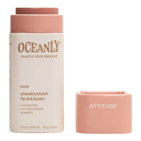 8.5g stick of Oceanly rose blush in cardboard packaging on a white background with the cap off. 